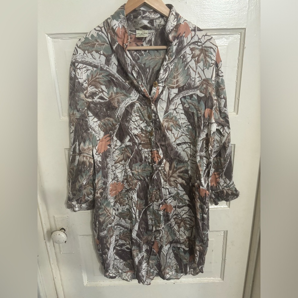 Cabelas silk dress with wood camo print 1/4 button size medium.